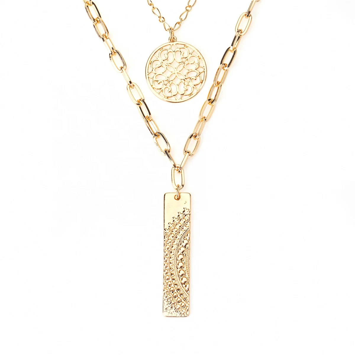 

2021 New arrival wholesale baroque womens gold plated alloy multi layers geometric pendant gold chain necklace jewlery