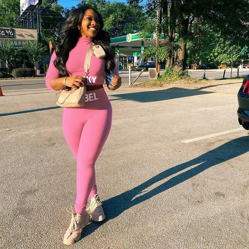 

Wholesale new trendy winter clothes for women stand collar embroidery tracksuit fitness 2 piece long sleeve set, Photo shows