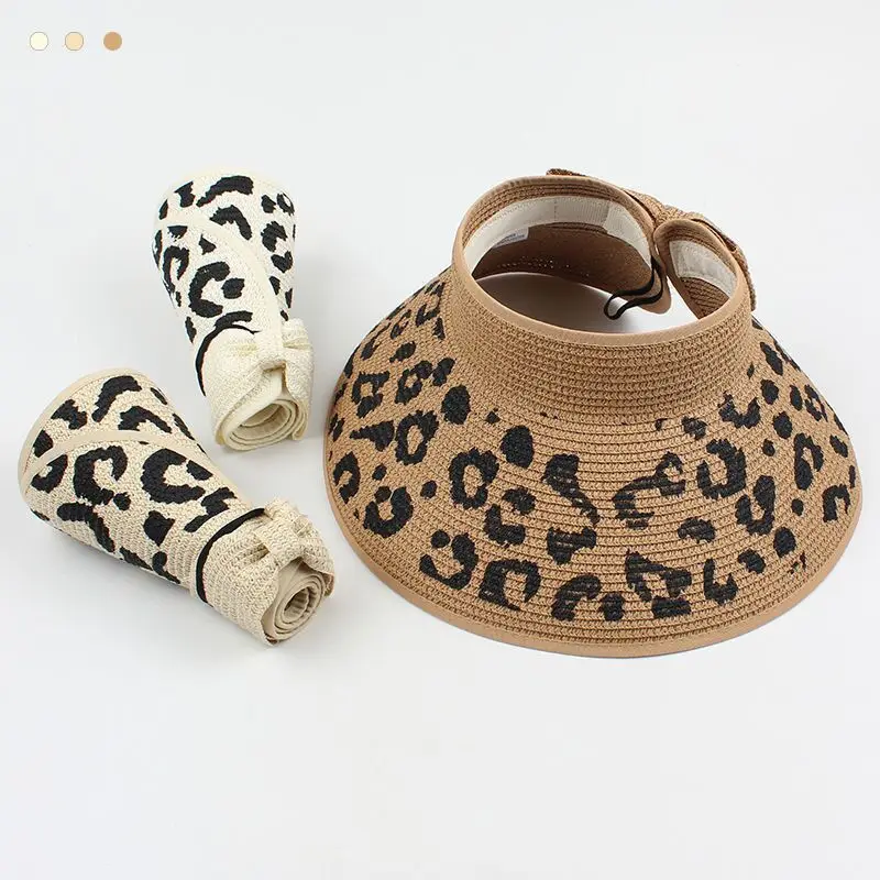 

Anti UV leopard roll up visor sun bow sun visors wide brim foldable packable ponytail beach straw hats for women Empty Top Cap