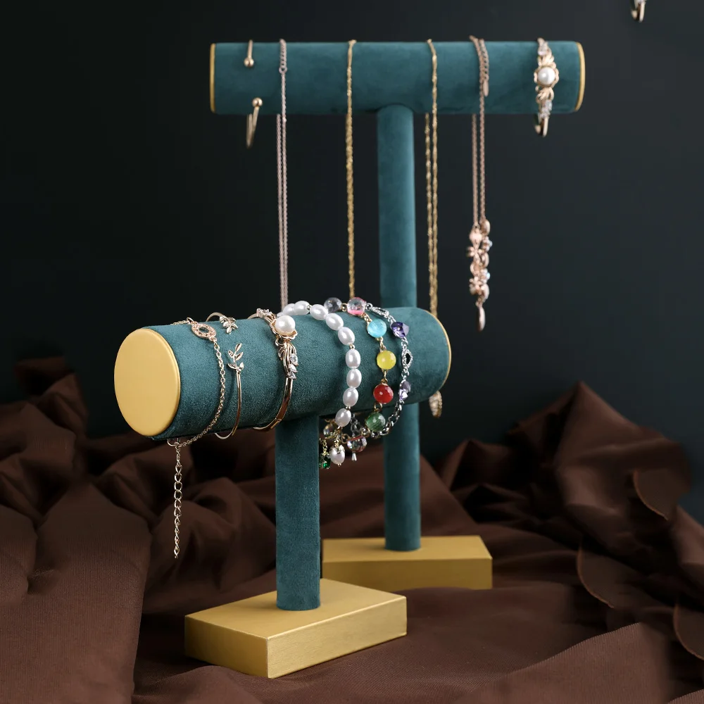 

Wholesale Top Quality Bracelet Display Rack Jewelry Display Rack Velvet Leather T-Bar Jewelry Display Stand, Gold+green