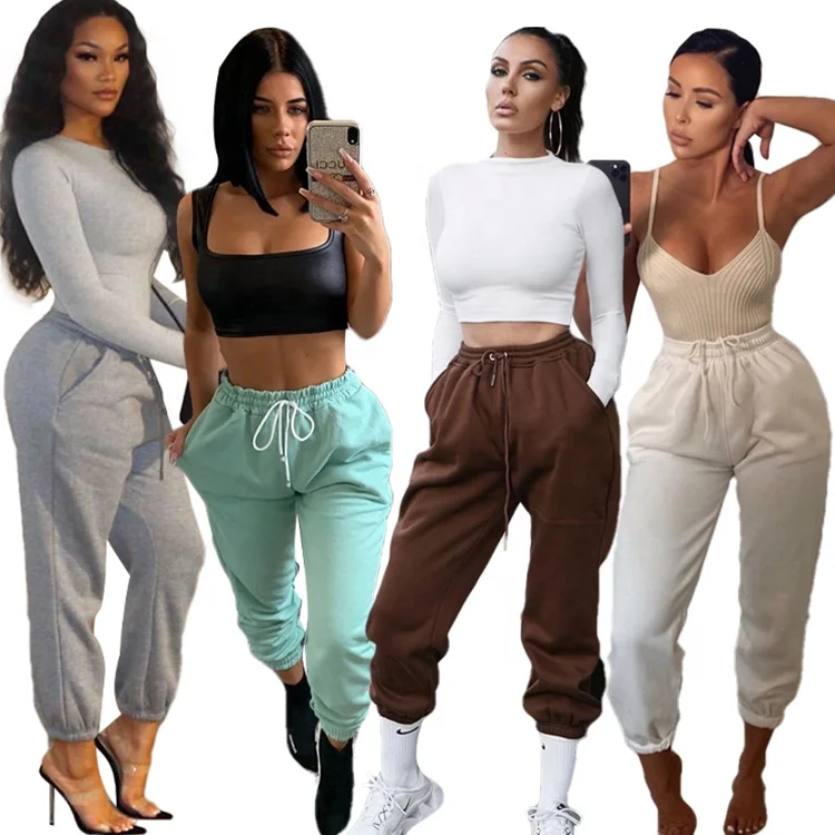 

Streetwear Hip Hop Solid Color Loose Joggers High Waist Long Pants Women Sweatpants, Brown / gray / white / black / green