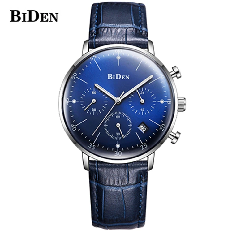 

BIDEN 0052 Men Quartz Watch Famous Customized Day Date Leather Band Watch Men Relojes De Lujo Hombre, 4 colors