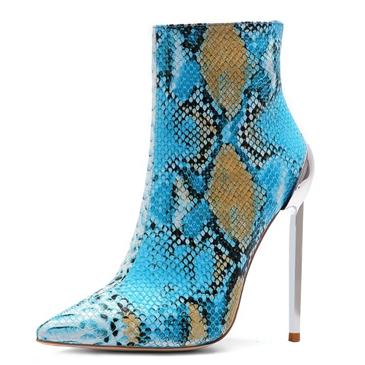 

Fashion Blue Snakeskin Prints Women Ankle Boots Stiletto High Heel Short Booties Pointed Toe Zipper Short Boots Women Shoes