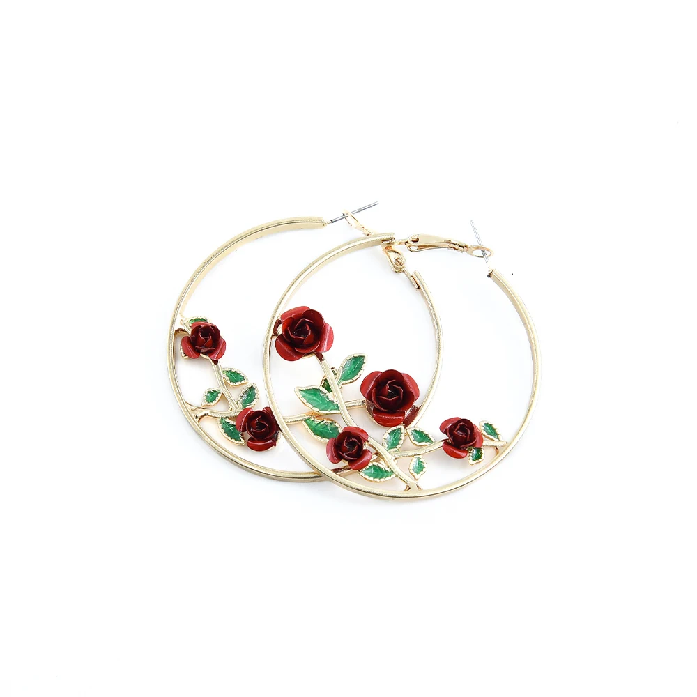 

Hot Sale Trendy Gold Rose Hoop Earrings Beautiful Flowers and Leaves Alloy Earrings Gold Round Circle Women Jewelry Earrings