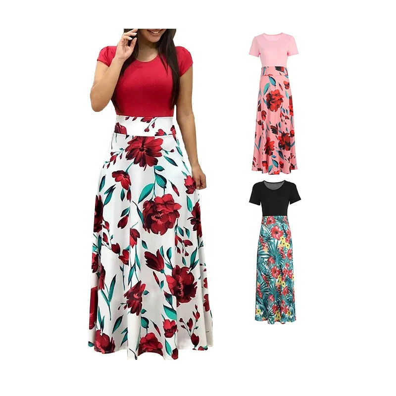 

Amazon hot sales plus size dress short sleeve Casual dresses print india fashion long womens clothing