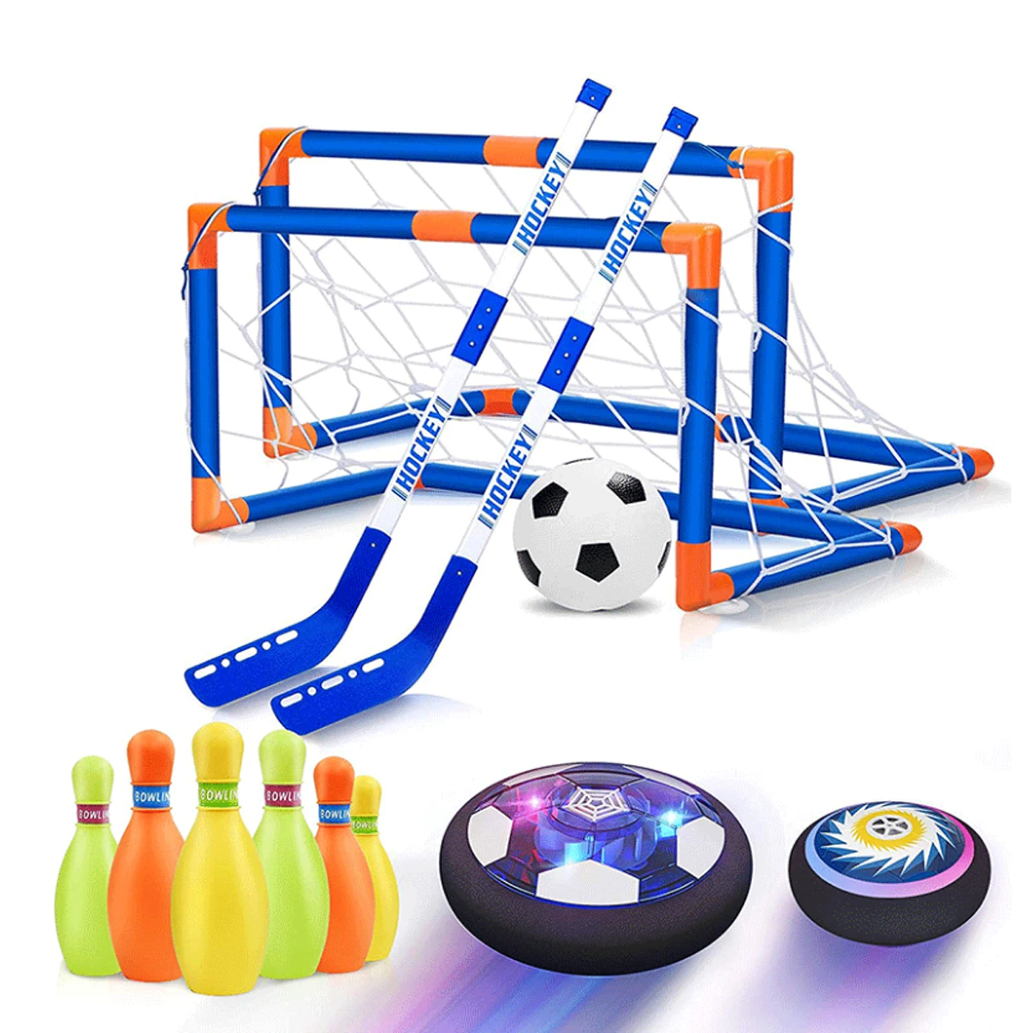 

3-in-1 Hover Hockey Soccer Bowling Set USB Rechargeable Battery Hockey Floating Air Electric Soccer with Led Light Foam Bumper