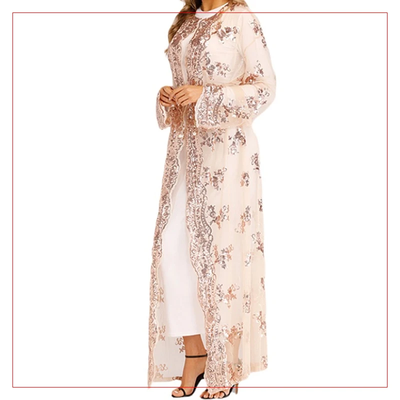 

Turkey Fashion Luxury Sequins embroidery lace Front open abaya, Black,white,pink