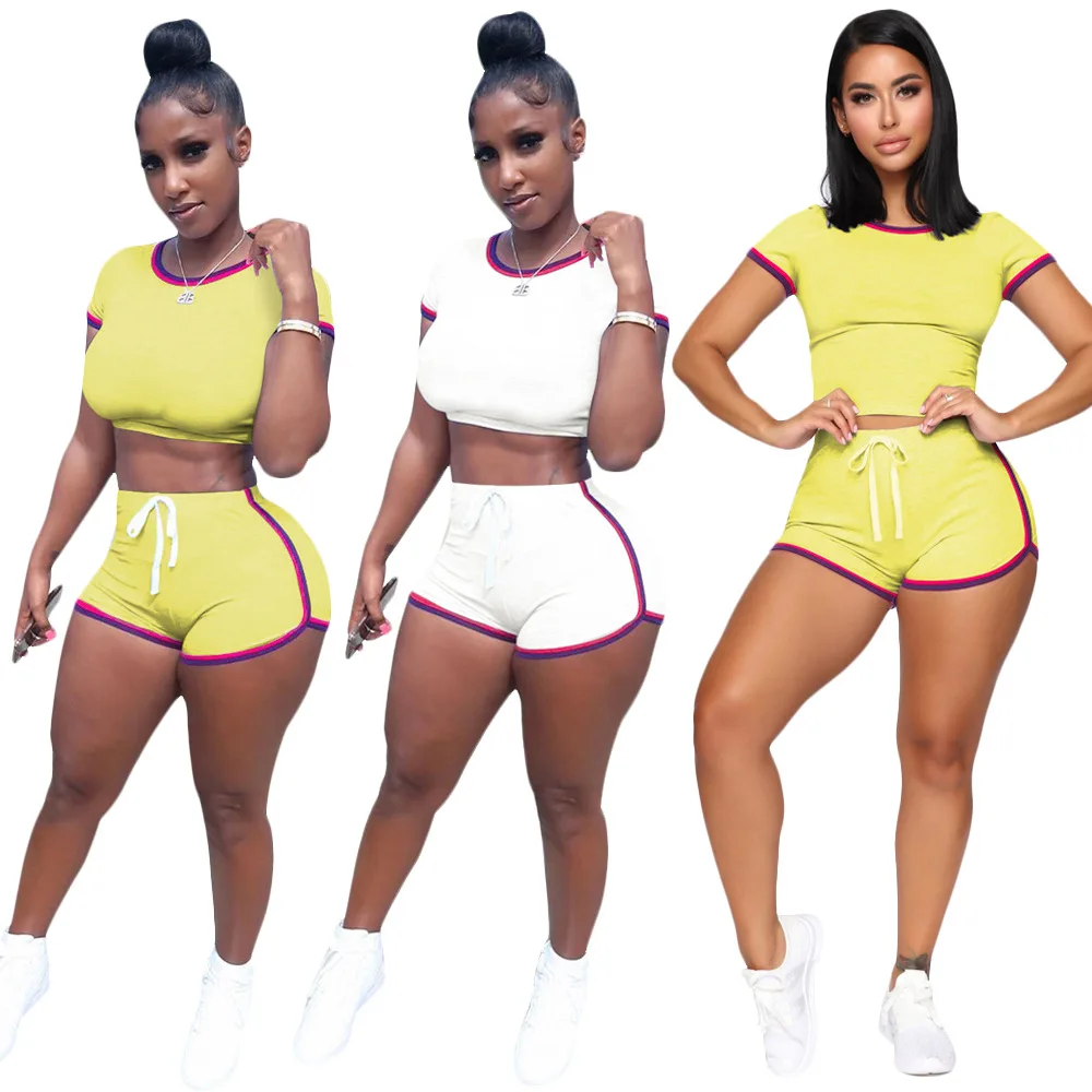 

2021 New Women 2 Piece Short Set Ladies 2 Pcs Short Sleeve Crop Top Biker Shorts Jogging Suit Summer Women Two Piece Set, 5 colors