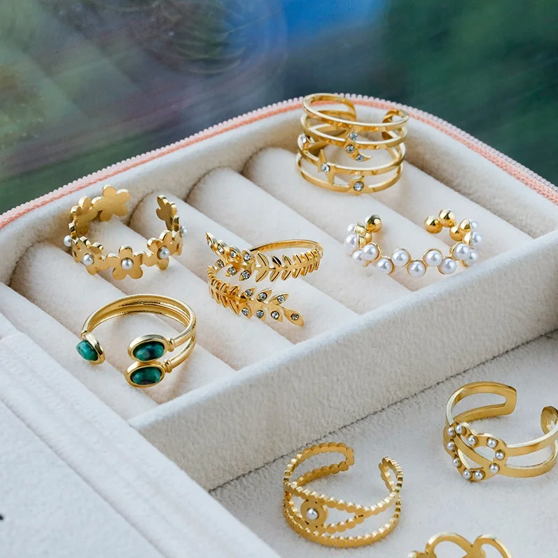 

Fashion Waterproof Jewelry Stainless Steel Cubic Zirconia Pearl Finger Ring 18k Gold Plated Flower Open Adjustable Rings YF2911