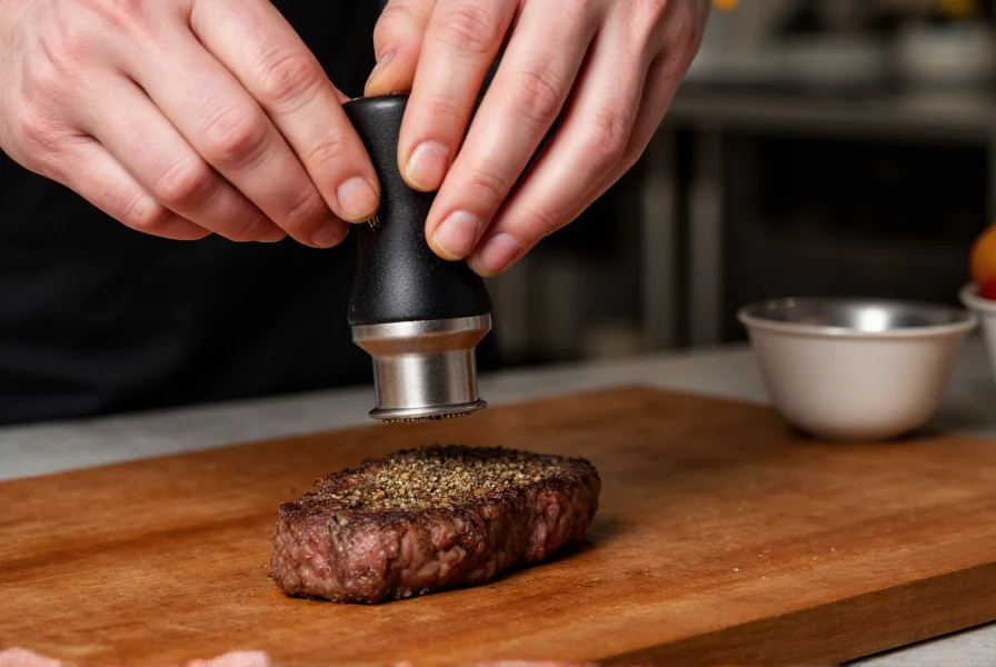 Chef's hand demonstrating proper pepper grinding technique over a steak with visible coarse grind texture