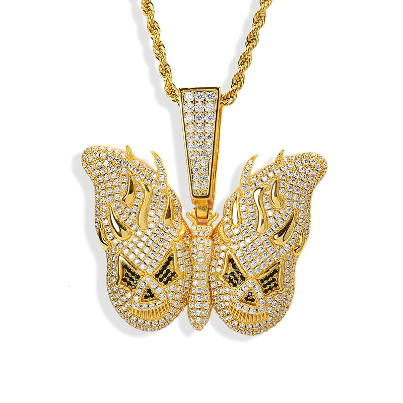 

jewelry RTS new trendy gold plated copper alloy inlay Full Diamond 3A zircon iced out Flame Butterfly Necklace pendant