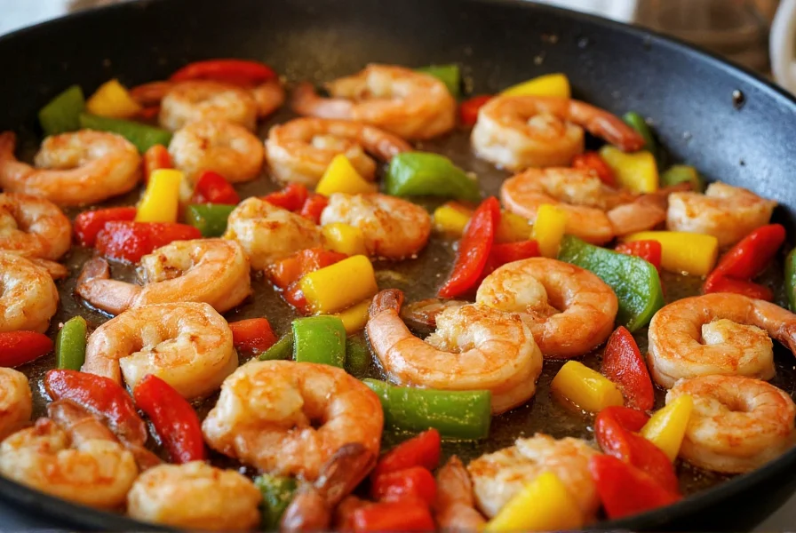 Colorful bell peppers and shrimp cooking in a hot skillet with garlic