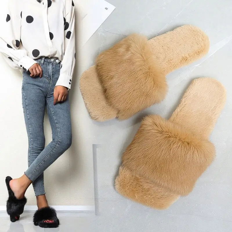

2021 new arrivals ladies Plus size plush flat sandals summer fashion solid color fur shoes women comfortable outdoor slippers, Black, white, green, pink, nude