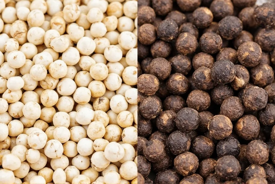 Close-up comparison of white and black peppercorns side by side showing color and texture differences