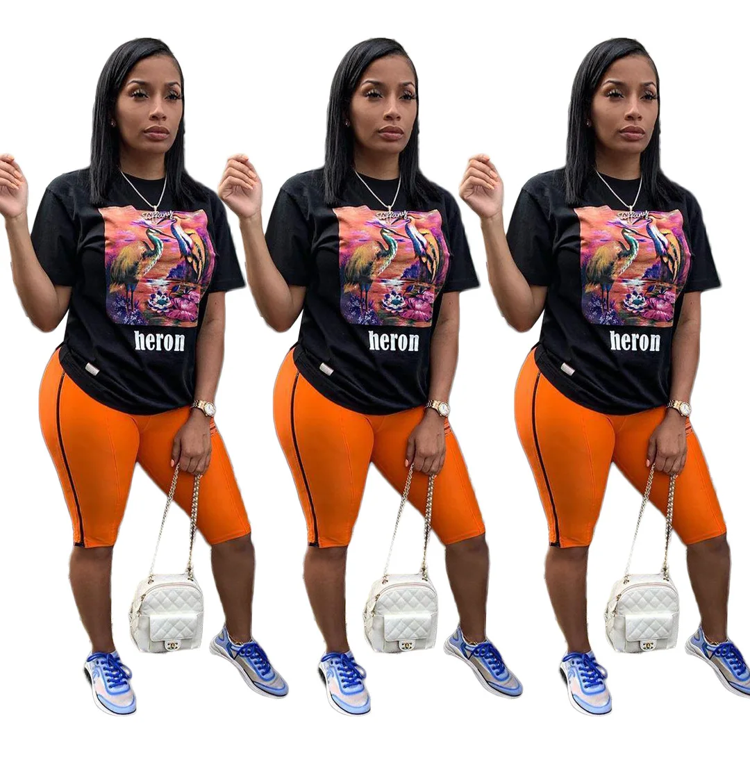 

wholesale hot sales fashion print short solid pant sport women two piece set 1006