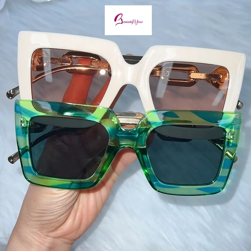 

New Trendy metal chain square large frame anti-blue light glasses personalized custom sunglasses Women, Custom colors