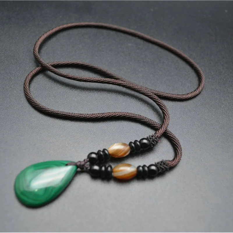 

Slap-up Gemstone Natural Malachite Flat Pear Stone Pendant Coffee color Thread Long Chains Sweater Necklace Fashion Jewelry