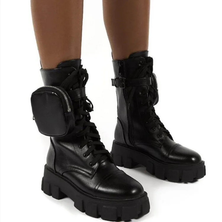 

Winter Fashion Motorcycle Boots Wedges Flat Boots Woman High Heel Platform Leather Boots Lace Up Women Shoes Black Botas Mujer, As picture