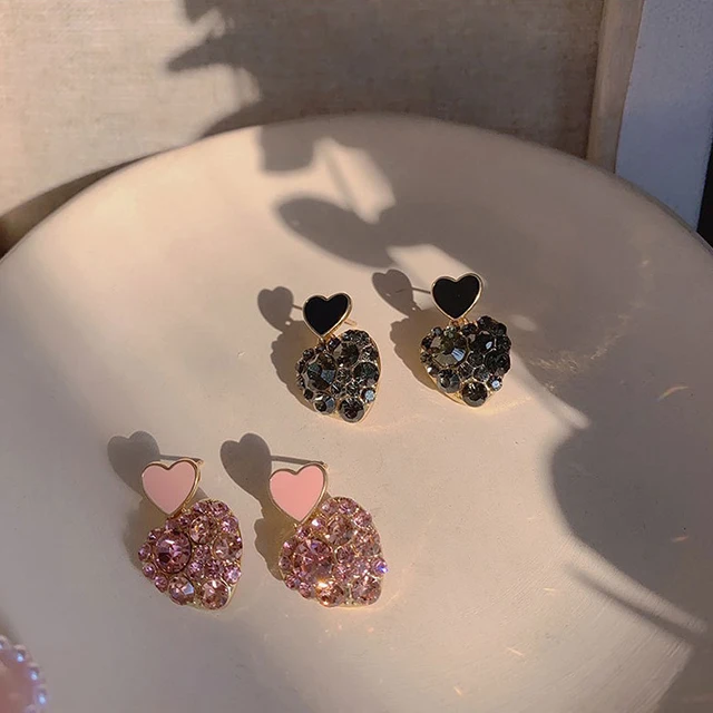 

Net Red Heart Temperament Versatile Diamond Earrings S925 Silver Love Simple Peach Heart Earrings, Pink, black