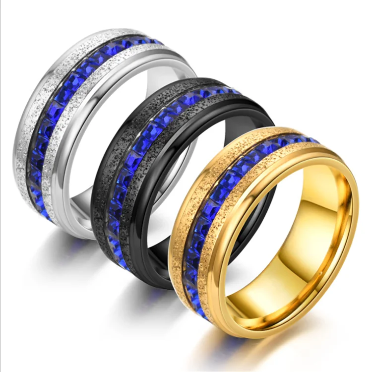 

2021 trendy fashion step pearl sand ring dazzling blue diamond ring alloy stainless steel titanium steel men's ring, Picture shows