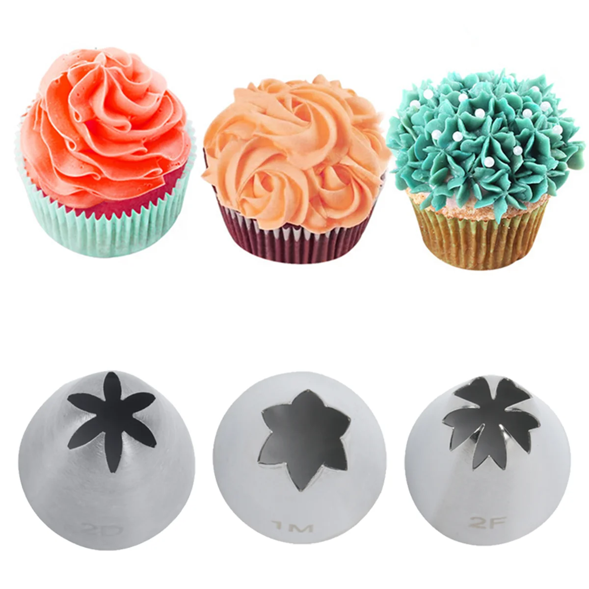 

1M 2D 2F Stainless Steel 304 Cake Tools Kit Icing Piping Pastry Nozzles 3 Pcs Set, Silver