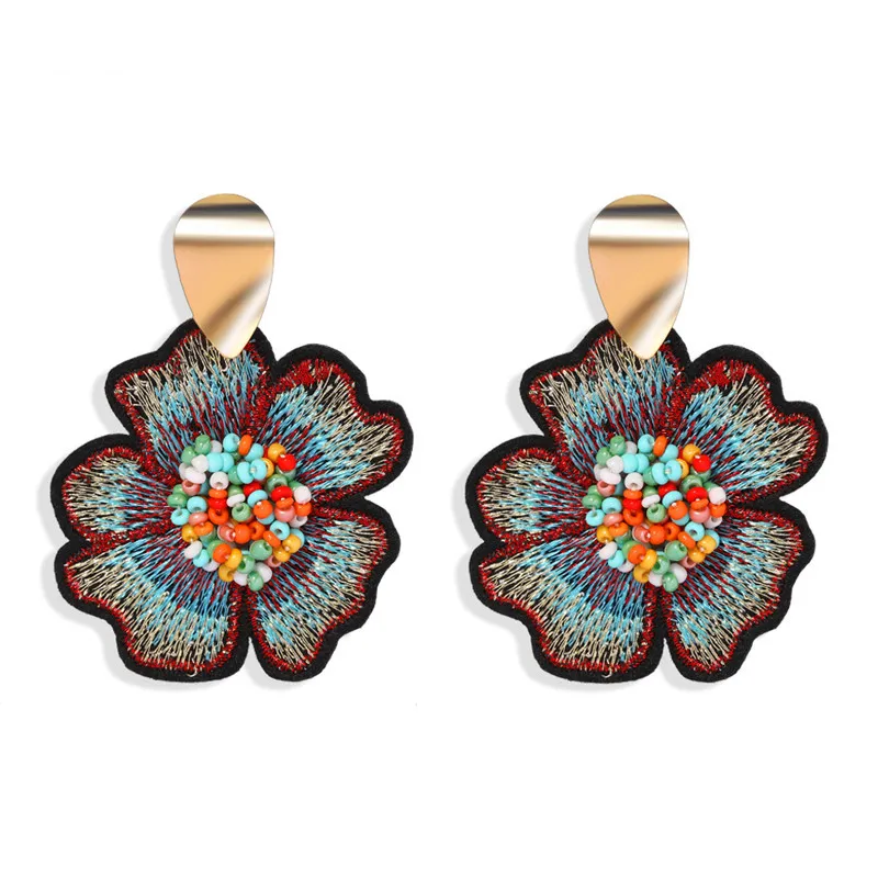 

Bohemian High Quality 24K Gold Plated Curved Disc Beads Flower Earrings Colorful Bead Embroidered Flower Drop Earrings