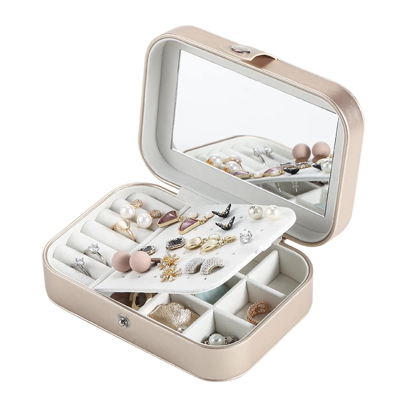 

New Custom Logo Travel PU Leather Jewelry Box Packaging with Mirror Small Velvet Earring Ring Necklace Jewellery Case Organizer