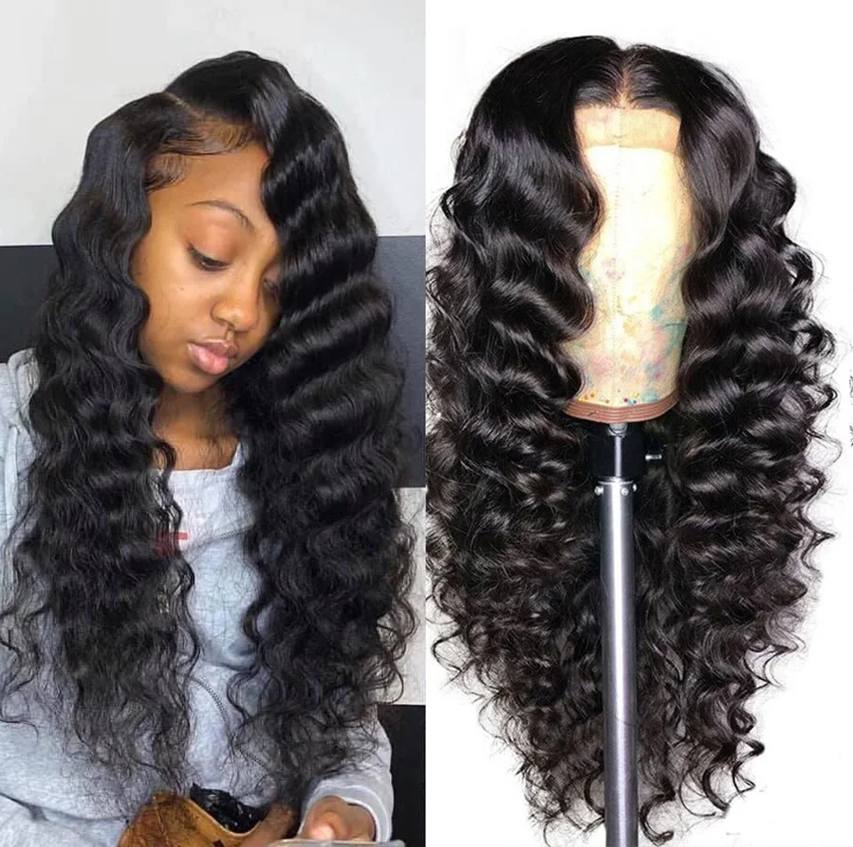 

Indian Swiss Lace Frontal Wig 14-32 Inch Glueless 13x4 lace front human hair wigs Natural Black Deep Wave Wigs For Black Women