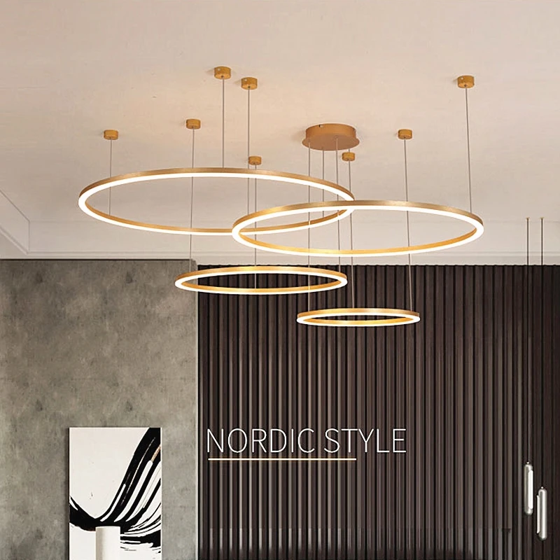
Simple hanging decorative circle rings acrylic gold luxury modern led chandelier 