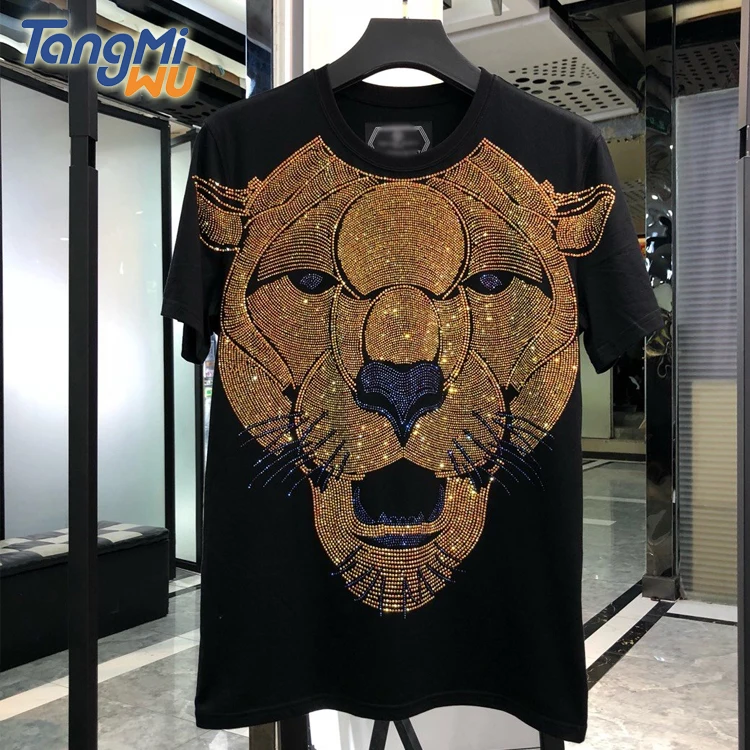 

High Quality Luxury Brand Men 3D Rhinestones Graphics Black T Shirts Cotton 100% Animal T Shirts