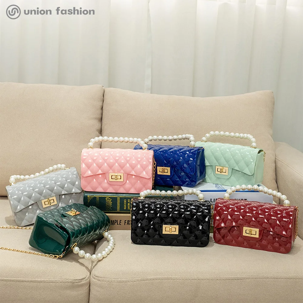

Summer Trend Fashionable Pearl Handle Shiny Ladies Small Jelly Handbag Women Crossbody Bags with Quilting, Black/blue/grey/green/mint/pink/red