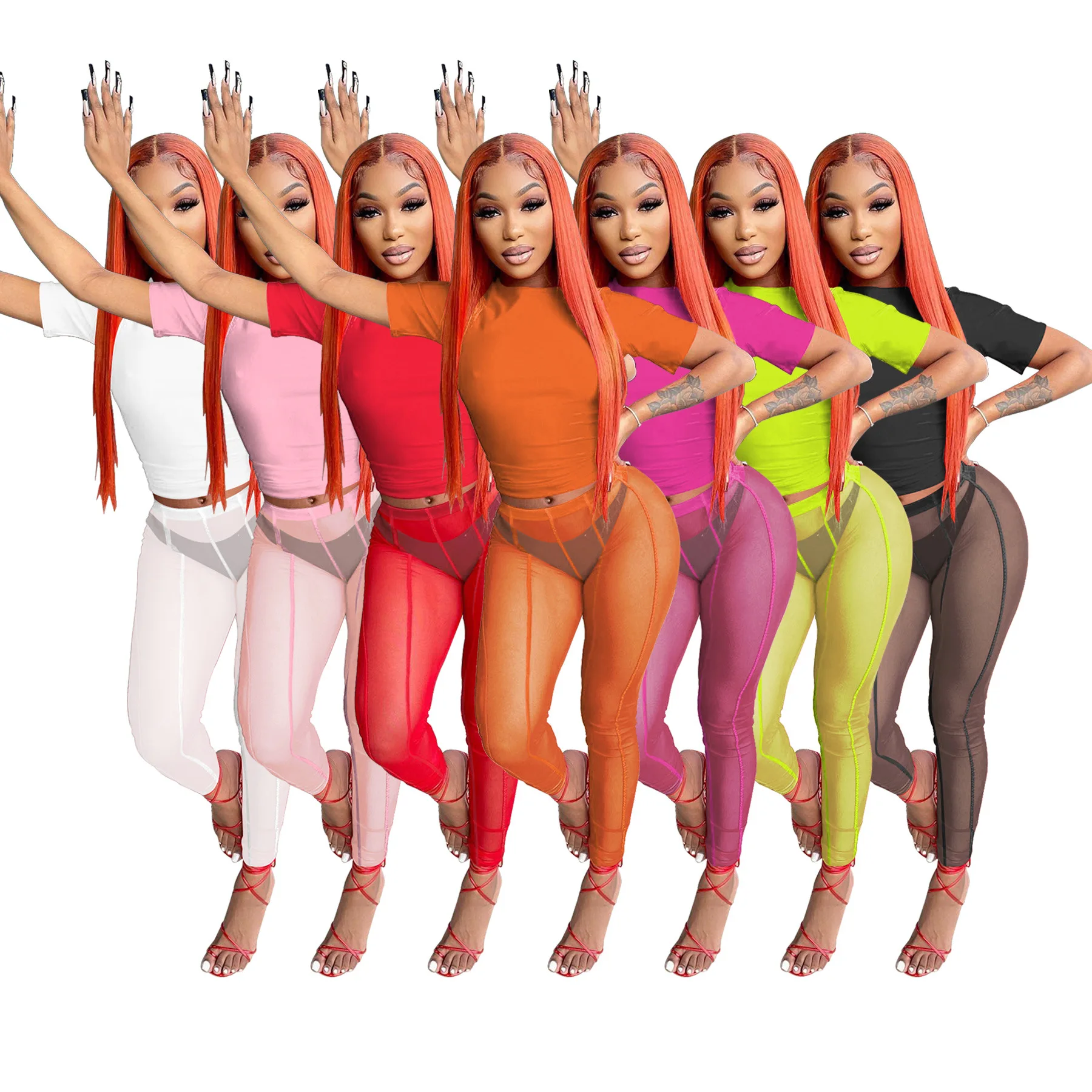 

Drop Shipping Solid Color Round Neck Short Sleeve Tshirt And Mesh See Through Slim Pants Women Sexy 2 Piece Sets, 7 colors