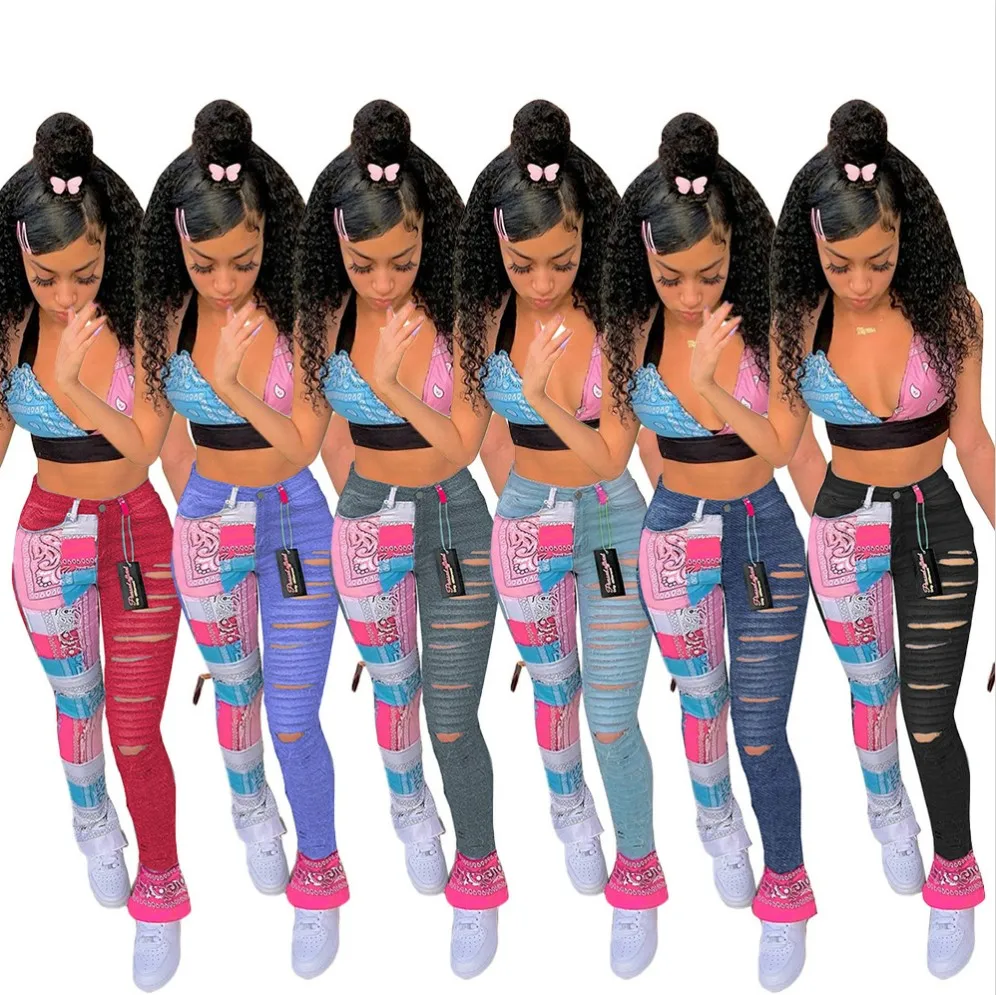 

2021 Spring New Designer Fashion Printing Patchwork Girls Trouser Casual Skinny Denim Jeans Woman, Gray, black, dark blue, light blue, red, light purple