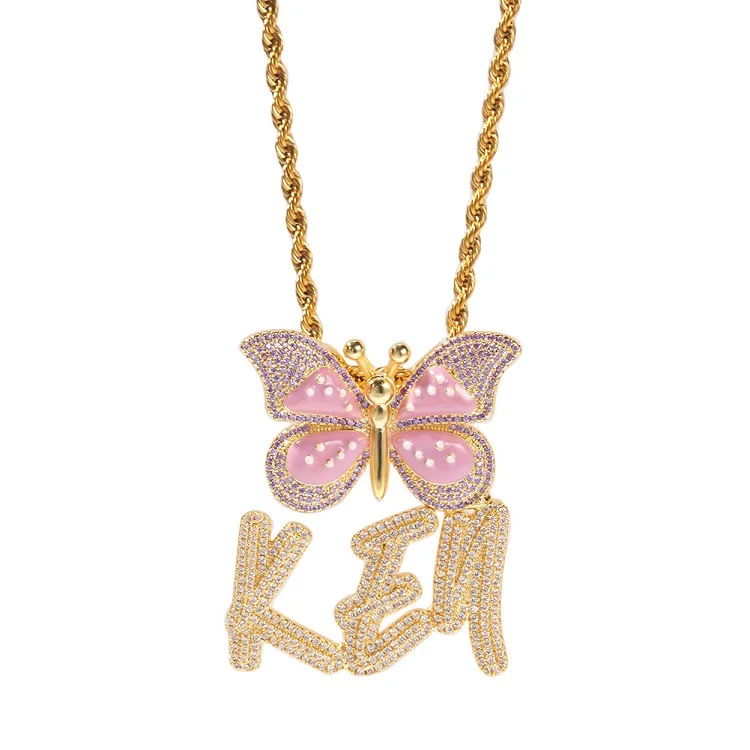 

Hot Bling Cuban Zircon Butterfly Letter Pendant Jewelry Lady Necklace