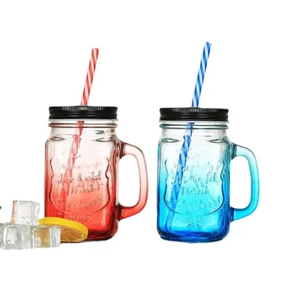 

C394 Transparent Fruit Juice Cool Drink Glass Cup Mug Mason Jar Lemon Bottle With Cover Straw Sport Water Bottle