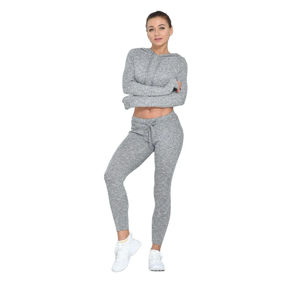 

2021 new arrivals New women's solid color Rib sports long-sleeved hooded top and tight leggings Rib yoga pants sets