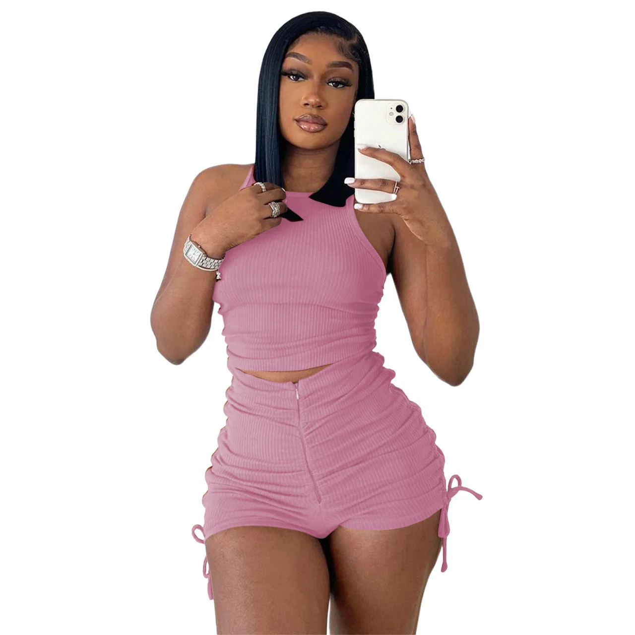 

Sexy Two Piece Sets New 2022 Tank Top Drawstring High Waist Zipper Short Solid Women Set Pleated Suit Short Tracksuit, Pink blue brown black yellow