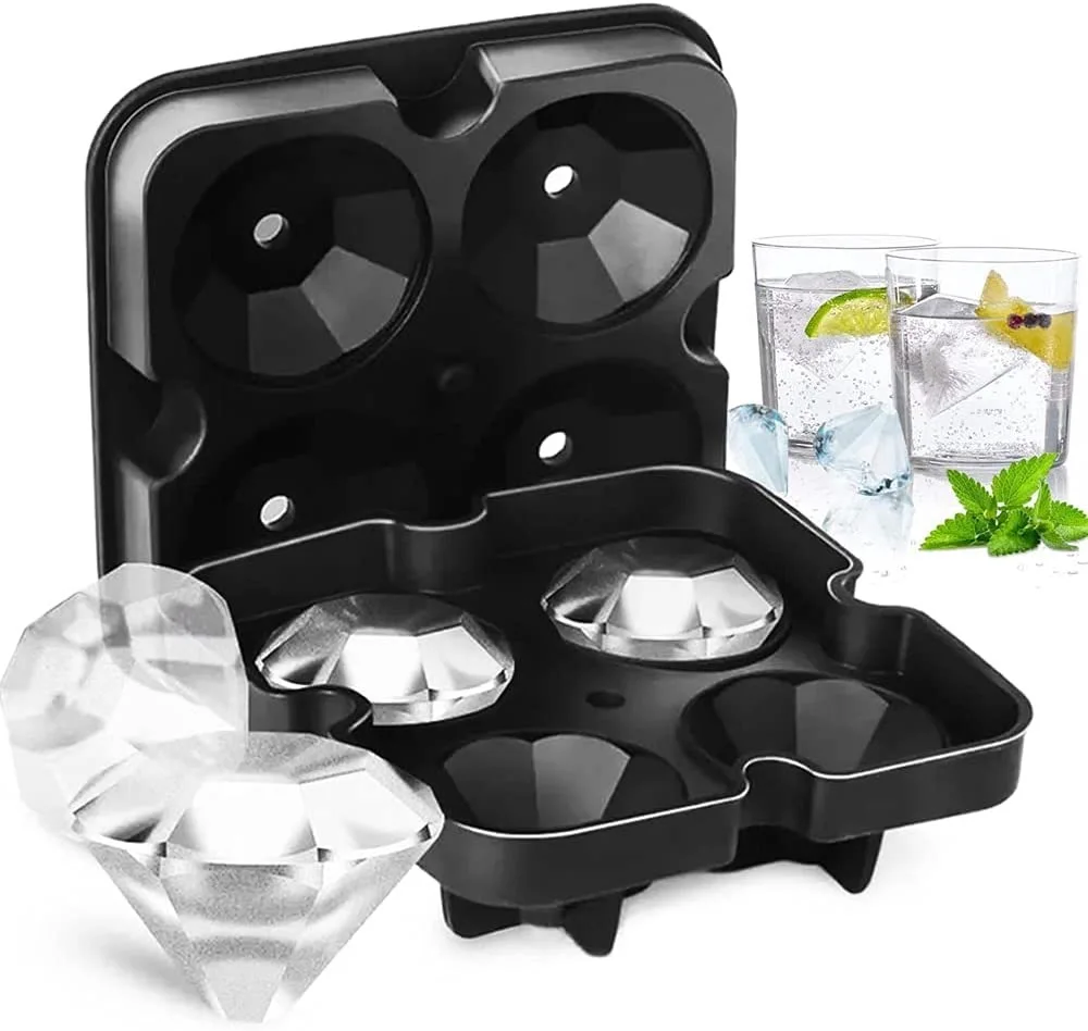 

Amazon Hot And BPA Free Diamond Silicone Ice Cube Mold 4 Cavity Large Sphere Mold Whiskey Ice Cube Tray with Lids
