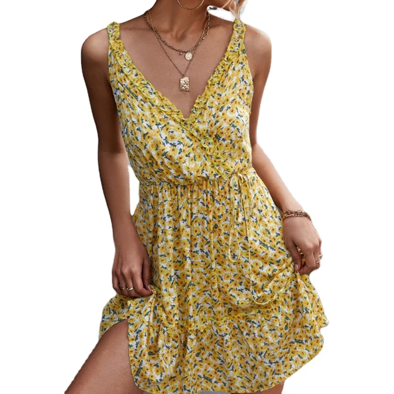 

HONGHANYUAN 2022 Women Spring/summer Floral Printed Dress V-neck Sleeveless Flounces Skirt Lace-up Floral Dress Sexy Slip Dress, 3 colors