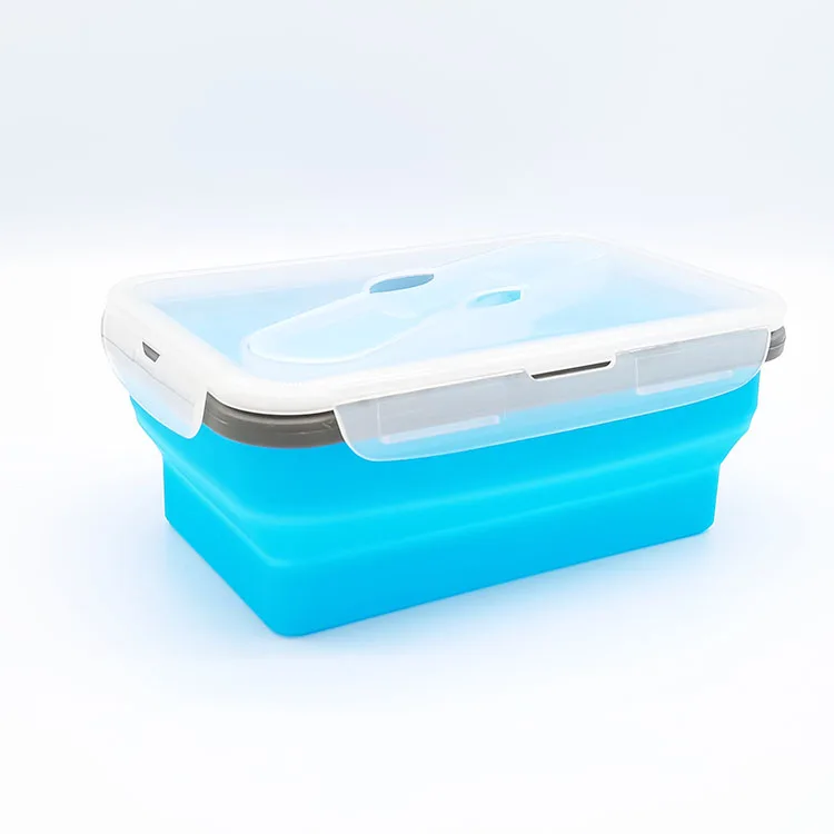 

High Quality Collapsible Silicone Square Box Lunch Microwave food Storage Container With Fork Spoon, Colors