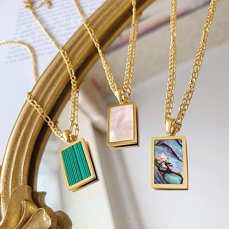

2021 New Gold Plated Stainless Steel Chain For Women Abalone Malachite Onyx Mother of Shell Pendant Willow Necklace