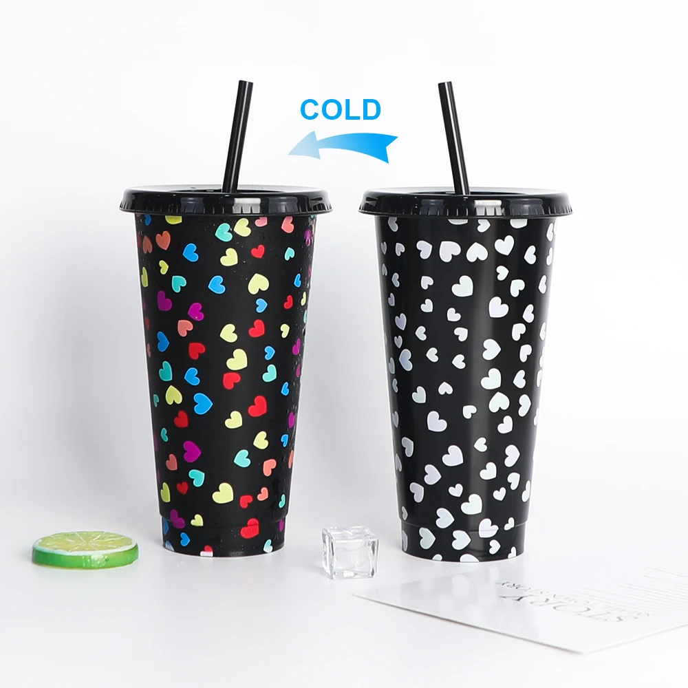 

710ml 24oz Reusable Cold Drink Plastic Clear Color Changing Tumbler Cups with Straw and Lid
