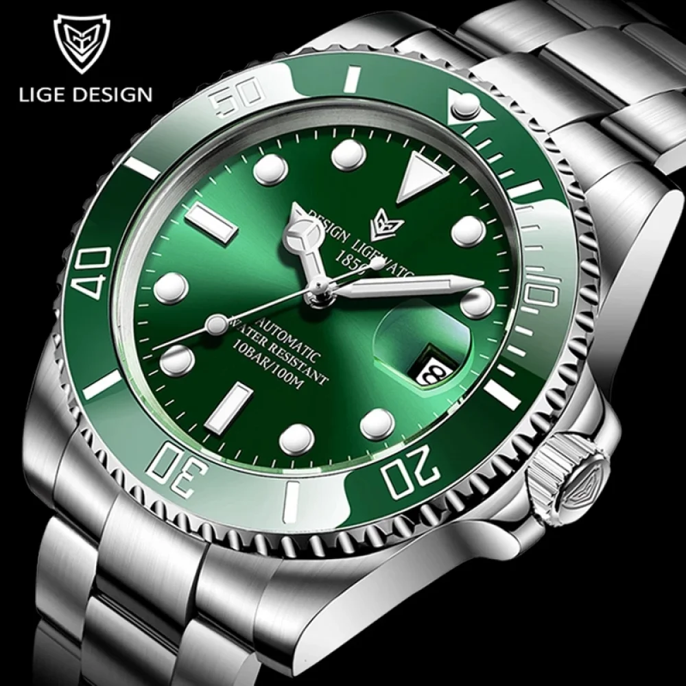 

LIGE 6801 Luxury Automatic Watches Men Stainless Steel Waterproof Dive Watches Business Mechanical Watch