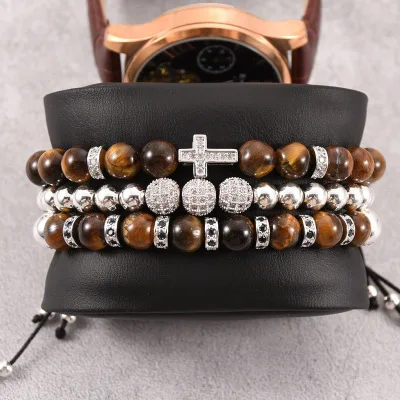 

Men Natural Stone CZ Beads Crown Cross Bracelet Set Original Tiger Eye Cubic Zirconia Beads Cross Bracelet