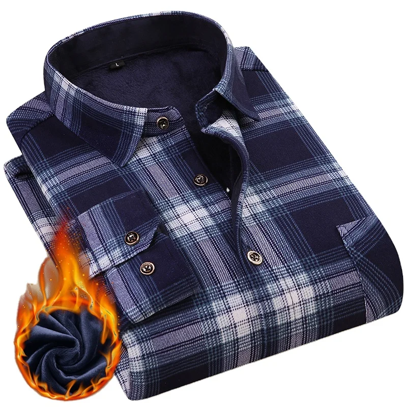 

Men's warm shirt plus velvet thickening business casual loose plaid shirt mature warm casual shirt