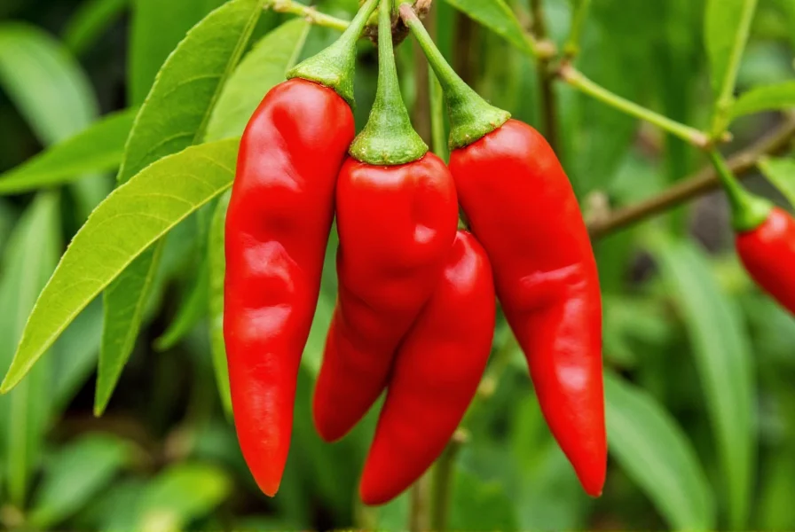Close-up photograph of ripe Caribbean red chili peppers growing on plant with tropical foliage background