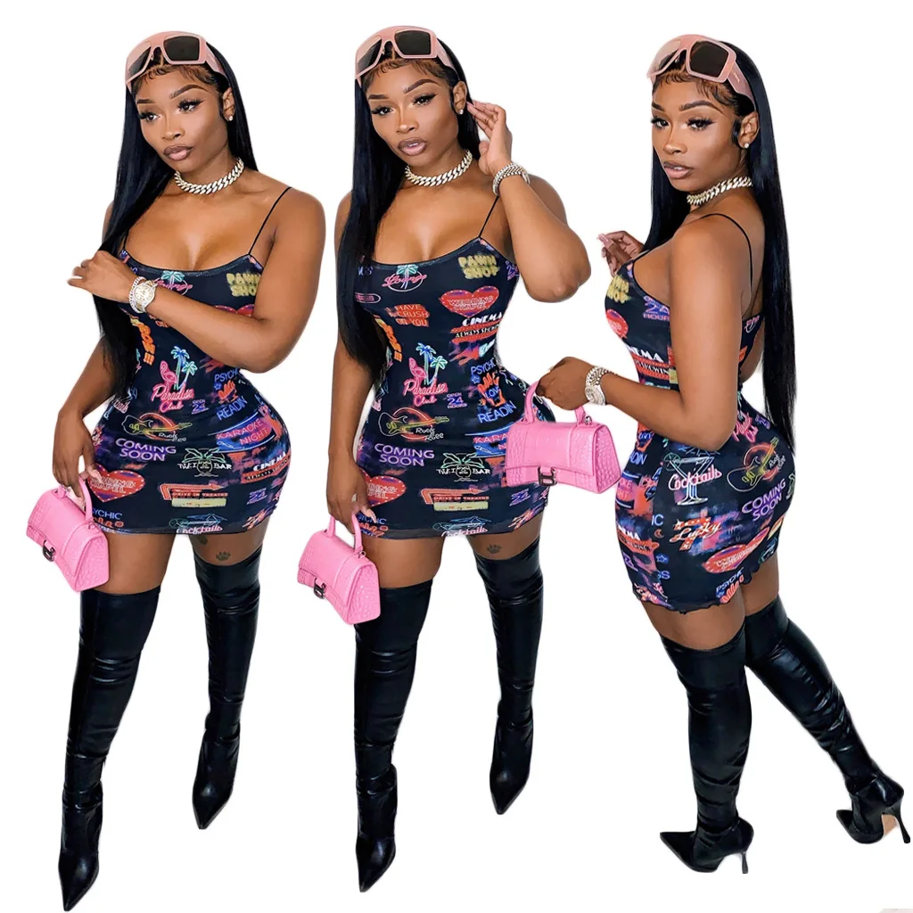 

New Digital Printing Sexy Suspenders Fashion European And American Women'S Dresses