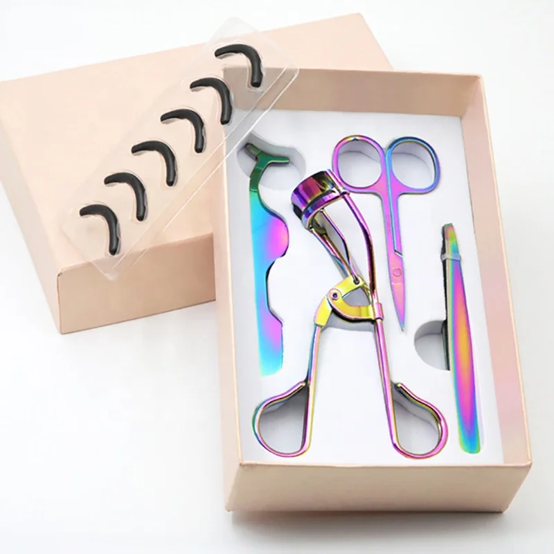 

FOCSTAR 4 in 1 Eyelash Curler Set Eyelash Grooming Tools, Rainbow Eye Lash Curler Applicator Tweezers Scissors Kit, As pictures