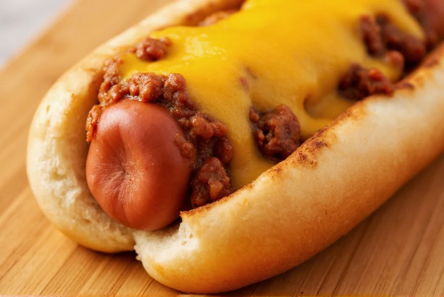 Close-up of a perfectly made chili cheese hotdog with melted cheddar cheese dripping over a grilled hot dog in a toasted bun