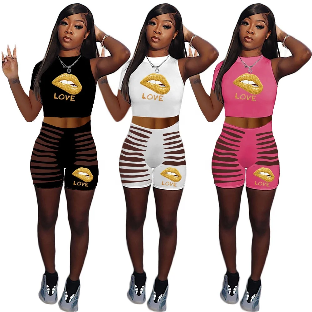 

QC-M062 2021 hot selling women street fashion short sleeve top and printings 2 piece short set women, Customized color